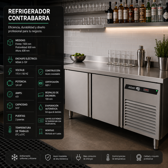 Mesas de Trabajo Refrigerada 2 Puertas Acero Inox 9 Pies Asber ASTR-60 HC