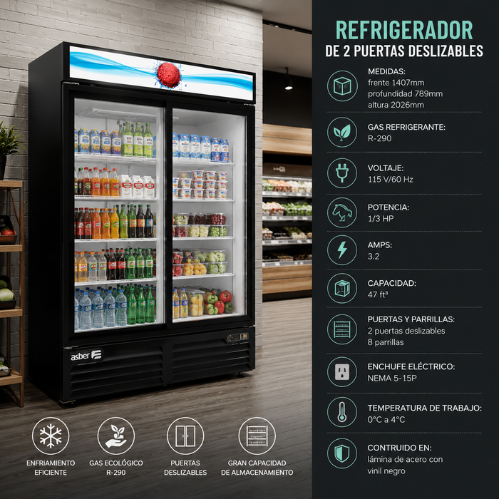 Refrigerador Vertical Vinil Negro 2 Puertas Cristal Deslizables 47 Pies Asber ARMD-47-SD HC