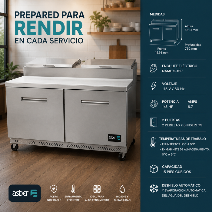 Mesa Refrigerada Para Preparación Pizza 2 Puertas Acero Inox 16.8 Pies Asber APTP-60 HC