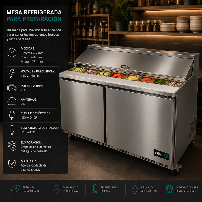 Mesa Refrigerada Para Preparación Ensaladas 2 Puertas Acero Inox 16.8 Pies Asber APTS-60-16 HC