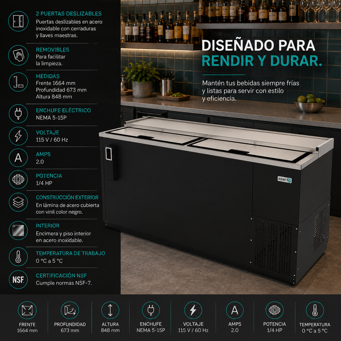 Botellero Refrigerado Vinil Negro 2 Puertas 20.9 Pies Asber ADBC-65 HC