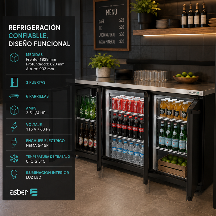 Refrigerador Contrabarra Vinil Negro 3 Puertas 18.3 Pies Asber ABBC-24-72 HC