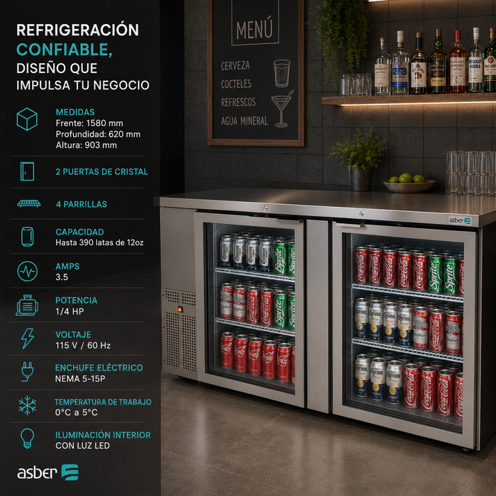 Refrigerador Contrabarra Acero Inox 2 Puertas Cristal 15.3 Pies Asber ABBC-24-60-SG HC