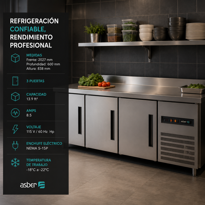 Mesas de Trabajo Congelador 3 Puertas Acero Inox 13.9 Pies Asber ASTF-79 HC