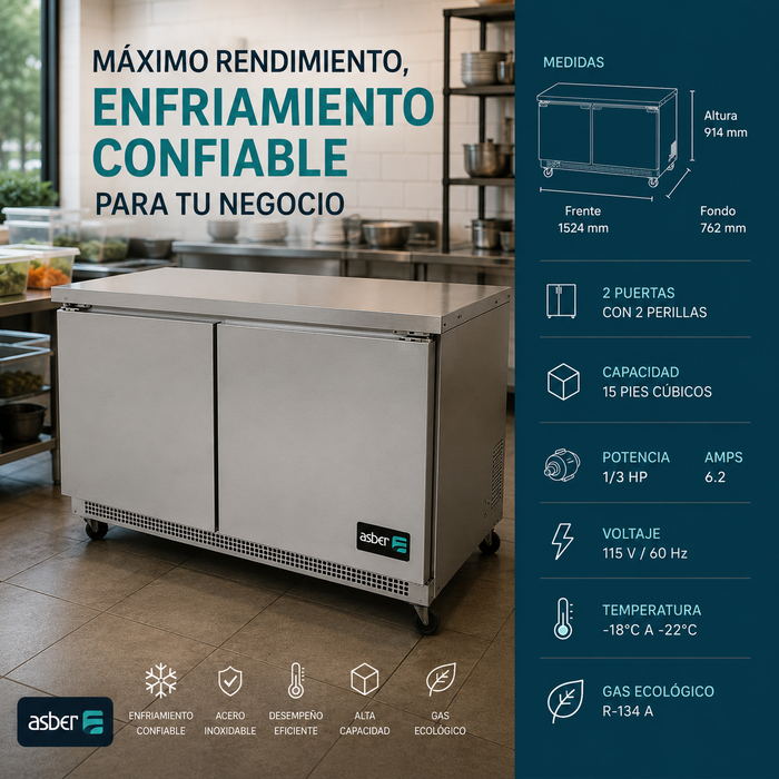 Mesa Congelador Bajo Barra 2 Puertas Acero Inox 13.3 Pies Asber AUTF-48 HC