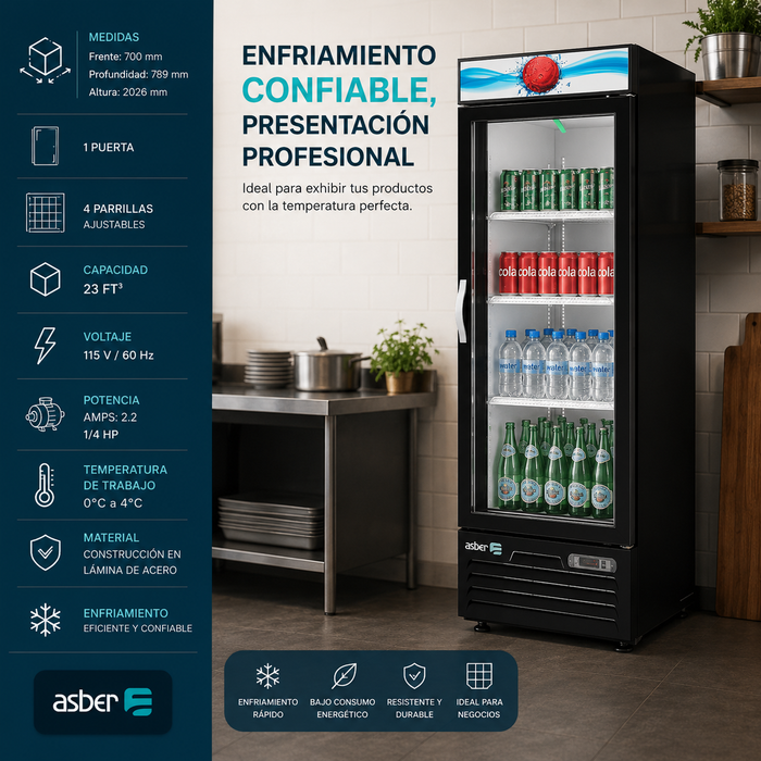 Refrigerador Vertical Vinil Negro 1 Puerta Cristal 23 Pies Asber ARMD-23 HC
