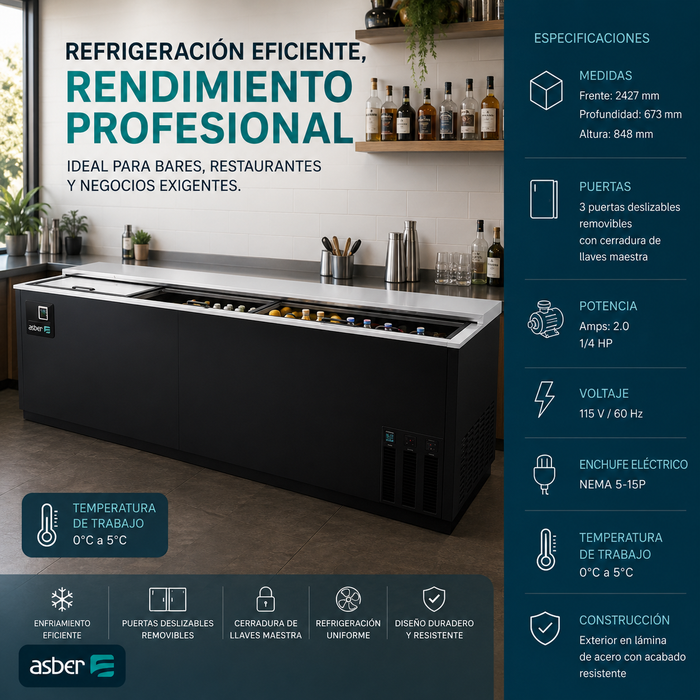 Botellero Refrigerado Vinil Negro 3 Puertas 30.1 Pies Asber ADBC-94 HC