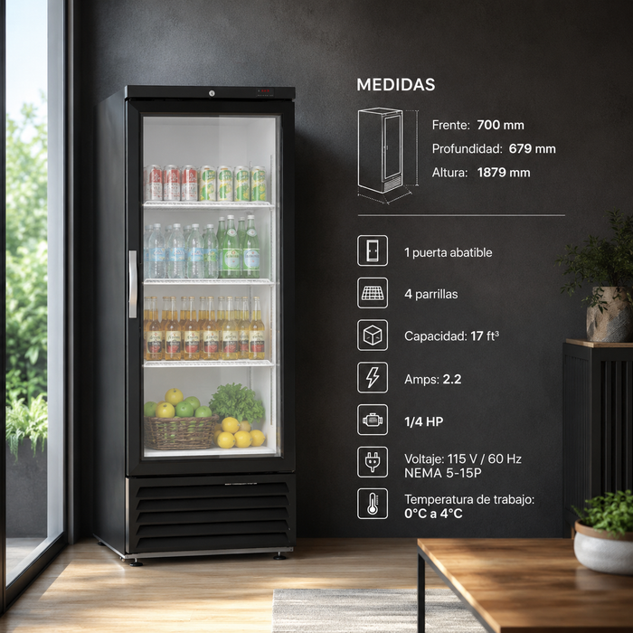 Refrigerador Vertical Vinil Negro 1 Puerta Cristal 17 Pies Asber ARM-17 HC