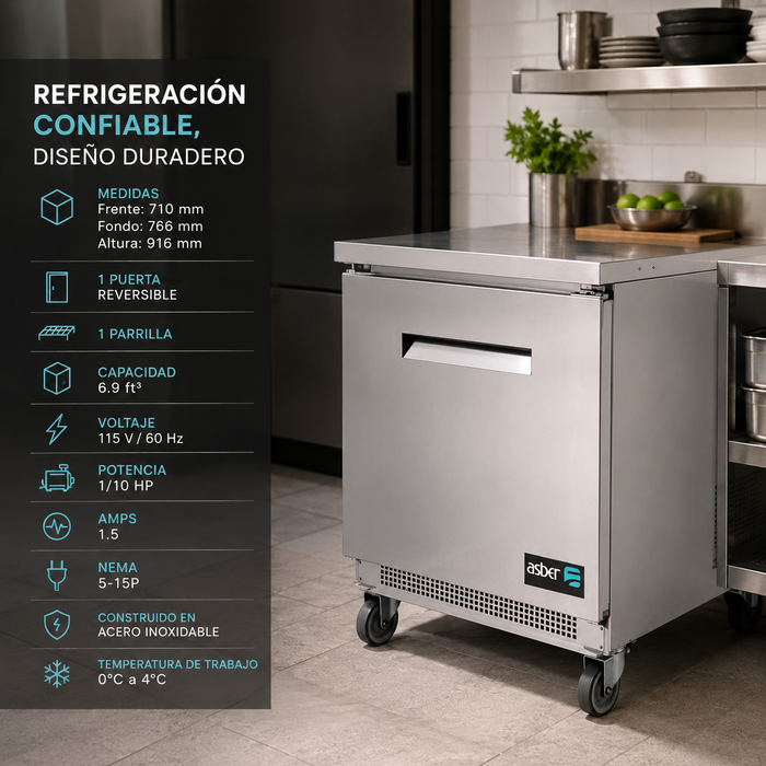 Mesa Refrigerada Bajo Mostrador 1 Puerta Acero Inox 6.9 Pies Asber AUTR-27 HC