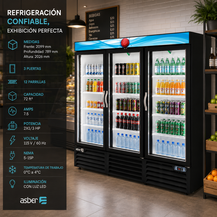Refrigerador Vertical Vinil Negro 3 Puertas Cristal 72 Pies Asber ARMD-72 HC