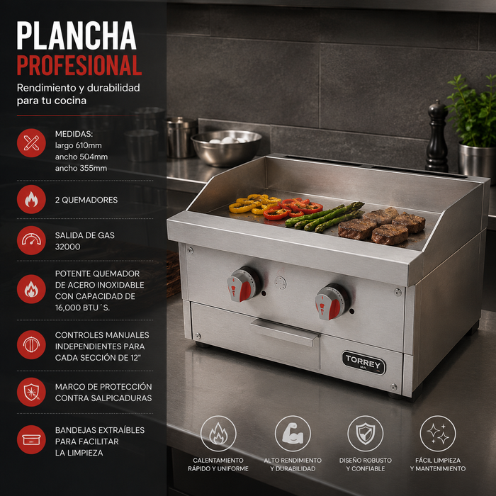 Plancha Slim 2 Quemadores Drago PG-2 SLIM
