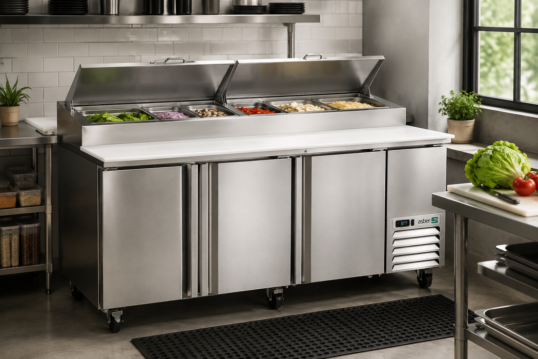 Mesa Refrigerada Para Preparación Pizzas Premium 3 Puertas Acero Inox 30.2 Pies Asber APTP-93 P HC