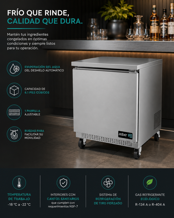 Mesa Congelador Bajo Barra 1 Puerta Acero Inox 6.9 Pies Asber AUTF-27 HC