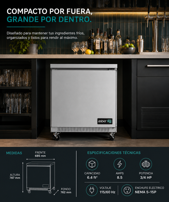 Mesa Congelador Bajo Barra 1 Puerta Acero Inox 6.9 Pies Asber AUTF-27 HC