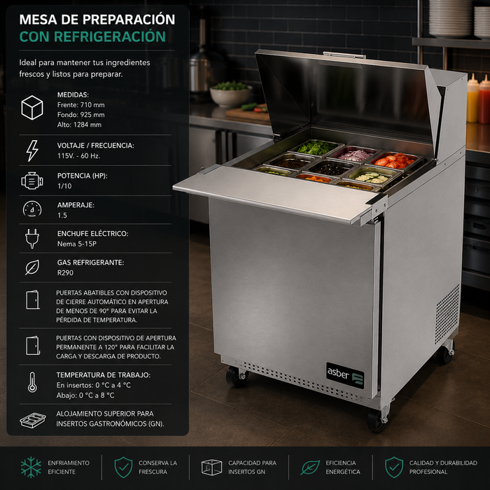 Mesa Refrigerada Para Preparación 1 Puerta Acero Inox 6.9 Pies Asber APTM-27-12 HC