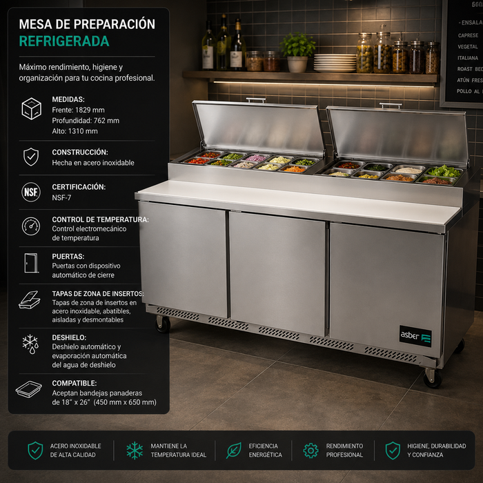 Mesa Refrigerada Para Preparación Pizza 3 Puertas Acero Inox 20.6 Pies Asber APTP-72 HC