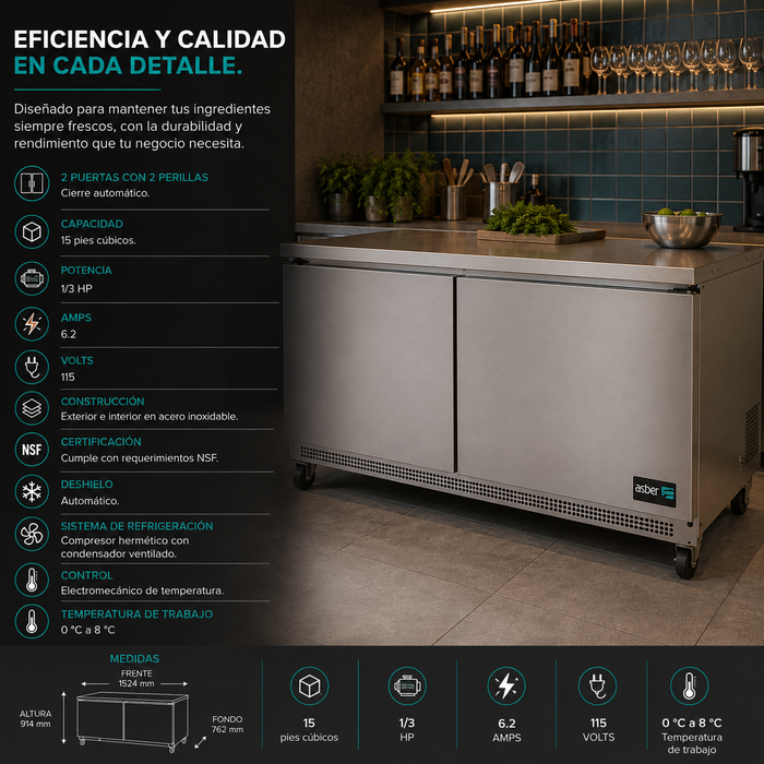 Mesa Refrigerada Bajo Mostrador 2 Puertas s Acero Inox 16.8 Pies Asber AUTR-60 HC