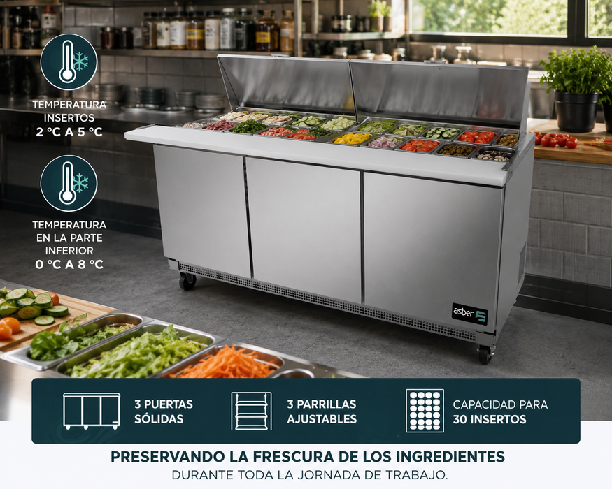 Mesa Refrigerada Para Preparación 3 Puertas Acero Inox 20.6 Pies Asber APTM-72-30 HC