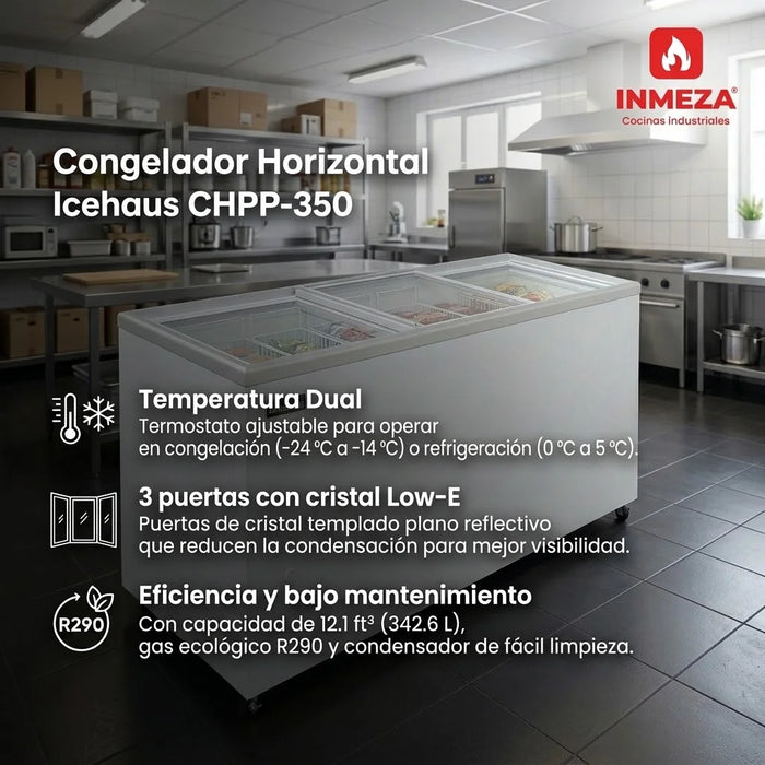 Congelador Plano 3 Puertas Cristal 12.1 Pies Icehaus CHPP-350