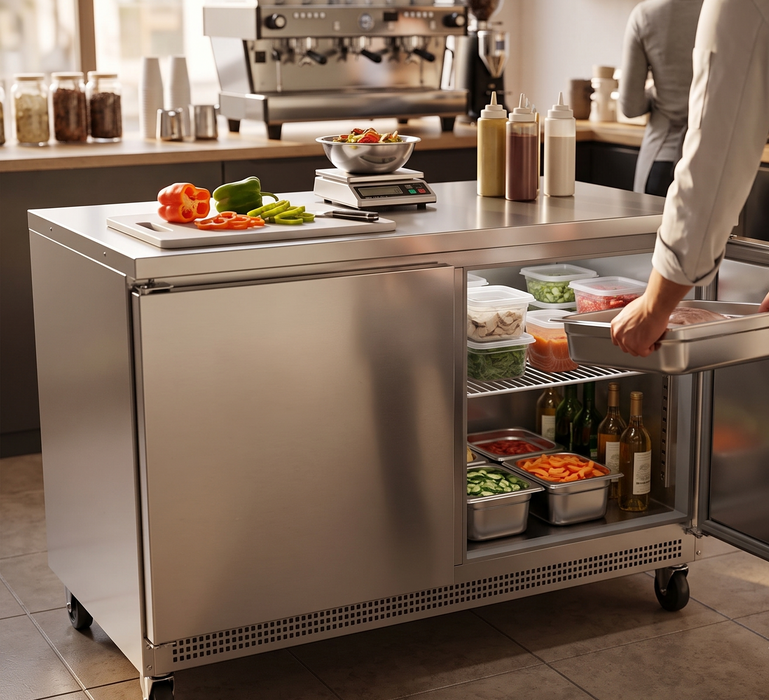 Mesa Refrigerada Bajo Mostrador 2 Puertas s Acero Inox 16.8 Pies Asber AUTR-60 HC