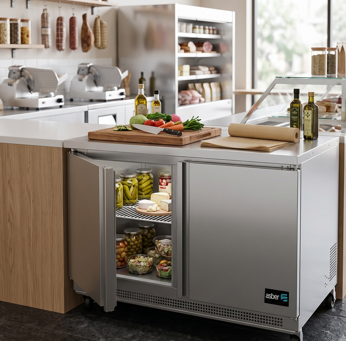 Mesa Congelador Bajo Barra 2 Puertas Acero Inox 13.3 Pies Asber AUTF-48 HC