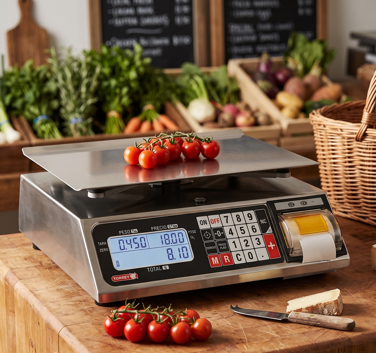 Bascula Digital con Impresión de Tickets, Función de Caja Registradora, Acero Inox 40kg Torrey PCR40-TK