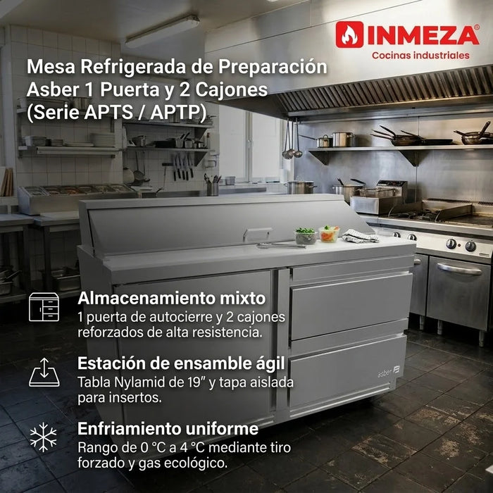 Mesa Refrigerada Para Preparación Ensaladas Premium 1 Puerta 2 Cajones Acero Inox 16.7 Pies Asber APTS-48-12-D2 P HC