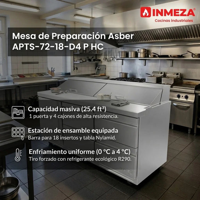 Mesa Refrigerada Para Preparación Ensaladas Premium 1 Puerta 4 Cajones Acero Inox 25.4 Pies Asber APTS-72-18-D4 P HC