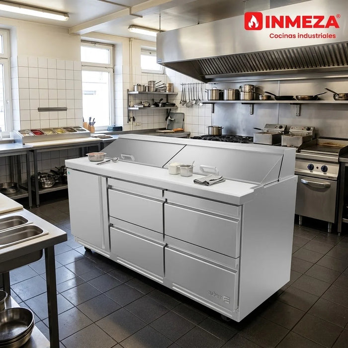 Mesa Refrigerada Para Preparación Ensaladas Premium 1 Puerta 4 Cajones Acero Inox 25.4 Pies Asber APTS-72-18-D4 P HC