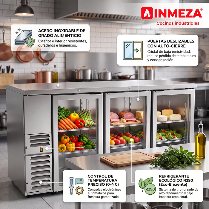 Refrigerador Contrabarra Acero Inox 3 Puertas Cristal Deslizables 18.3 Pies Asber ABBC-24-72-SG-SD HC