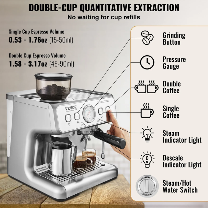 Cafetera Expreso Semiautomática con Molino 2.8L VEVOR CM5020B-UL